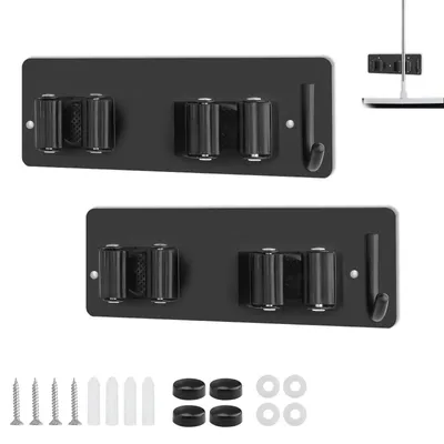Immagine prodotto di 2 supporti a parete in acciaio inossidabile per scope, con ganci