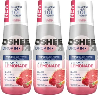 Three bottles of OSHEE Vitamin Lemonade Hydroconcentrate Raspberry-Grapefruit flavour.