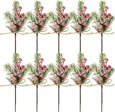Image de Lot de 10 branches de sapin artificielles avec des baies – Branches de sapin décoratives vertes – Décorations de Noël pour couronnes et tables