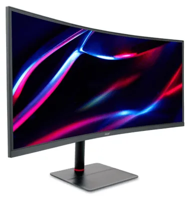 A curved computer monitor displaying a colorful abstract image.