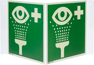 Produktbild von Rettungszeichen Nasenschild "Augenspüleinrichtung" [E011], Kunststoff (1 mm), 200 x 200 x 1 mm, 55 / 8 mcd langnachleuchtend, LimarLite®, ASR A1.3 / ISO 7010