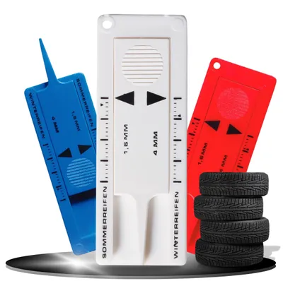 Immagine prodotto di Misuratore di profondità del battistrada per pneumatici, range 0-20 mm - Misuratore di profondità del battistrada per pneumatici invernali ed estivi - Modello standard, colore blu, in plastica PP