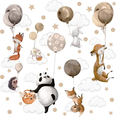 Produktbild von Muralo Wandsticker Set für Kinderzimmer TIERE Ballons Wolken Sterne Punkten 120x60 cm Aufkleber Set für Baby