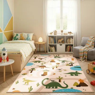 Produktbild von Carpetsale24 Kinderteppich Dinosaurier Spielteppich für Kinderzimmer in Beige Dino Motiv mit Straßen Größe 140x200 cm für großzügige Spielflächen