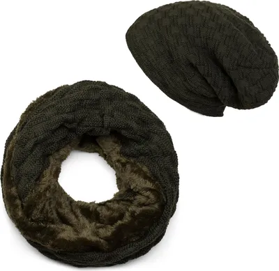 Produktbild von styleBREAKER Strick Loop Schal und Beanie Mütze Set mit Flecht Muster, Fleece Innenfutter, Winter, Uni 01018211