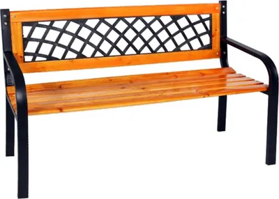 A product shot of a wooden and metal park bench.