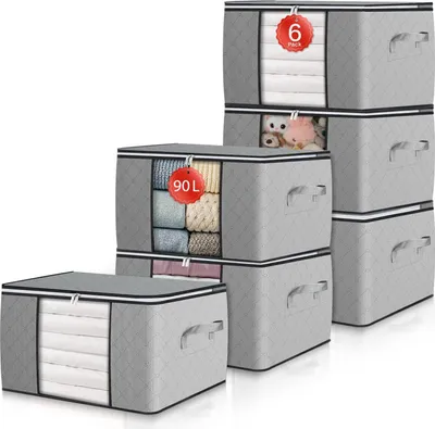 Produktbild von GoMaihe 6 Stück Aufbewahrungstasche Aufbewahrungsbox mit Deckel Kleiderschrank Organizer Faltbare Kleideraufbewahrung Umzugskartons Verstärkt Griff