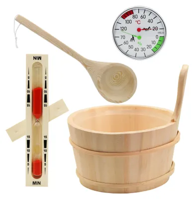 Produktbild von HAF Saunakübel Set Espe 4 Liter + Einsatz, Saunakelle, Sanduhr und Klimamesser | Feuchtigkeitsresistenter Kübel | Qualität:  Germany