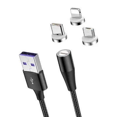 IPhone Ladekabel, USB Kabel mit Magnet für Samsung Handy, blaue LED 3-in-1 Schwarz