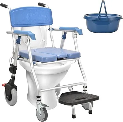 Produktbild von Toilettenstuhl für Senioren mit Rollen, Multifunktionaler Duschstuhl mit Rollen Klappbar, Blau Dusch Toilettenstuhl Fahrbar mit Urineimer, Toilettenrollstuhl für Ältere und Behinderte Komfort