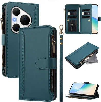 Produktbild von Handyhülle für Huawei Pura 80 Pro/Pura 80 Pro+ Reißverschluss Geldbörse Kunstleder Klapphülle mit Kartensteckplatz, Ständer, Handschlaufe Grün