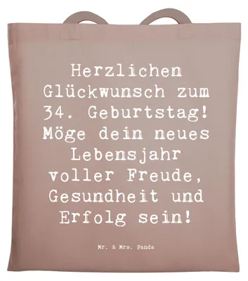 Produktbild von Mr. & Mrs. Panda Tote Bag Spruch 34. Geburtstag - Braun Pastell - Geschenk, gute Wünsche, Geschenke, Beutel, Schultasche, Geburtstagsgeschenk, totebag, Freude, Glück