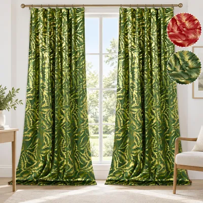 Produktbild von 2er Set Samt Weihnachtsvorhang Blatt Goldfolie Verdunkelung Grün 132x274 cm für Wohnzimmer Schlafzimmer Winter Deko