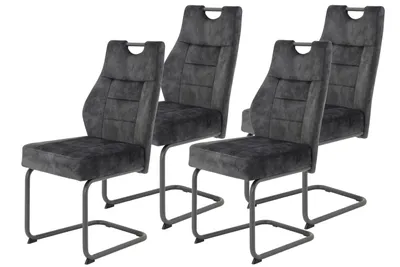 Produktbild von 4er Set Esszimmerstuhl Linda S - Bezug Samt Vintage Anthrazit - Komfortsitz Federkorb - Lehne mit Griff - Metallgestell Grau- 140 kg belastbar