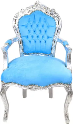 A single ornate armchair with a blue upholstered seat and back, and a silver-painted frame.