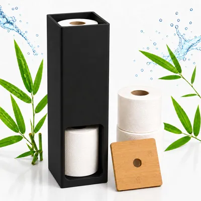 Imagen del producto de Relaxdays, dispensador de papel higiénico, para 4 rollos, dimensiones (alto x ancho x profundidad): 46,5 x 14 x 14 cm, soporte de papel higiénico de pie, color /natural, Imagen generada por IA
