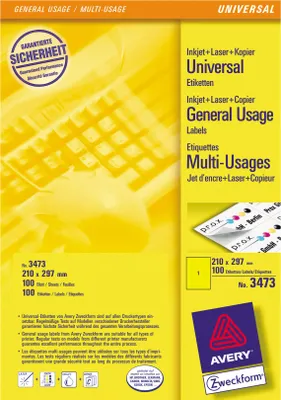 Immagine prodotto di Avery - Etiketten - Gelb - A4 (210 x 297 mm) - 100 Stck. (100 Bogen x 1) (3473)