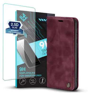 Produktbild von Handy Hülle für Xiaomi Redmi Note 9 mit 9H Displayglas Klapphülle Bookcase Flip Cover Handy Tasche Etui Farbe: Weinrot