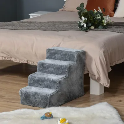 Produktbild von Hundetreppe 4-stufig für Hunde und Katzen, Haustiertreppe waschbarer Plüschbezug, Spanplatte Hellgrau | 60x35x44 cm | bis 30 kg | abnehmbar