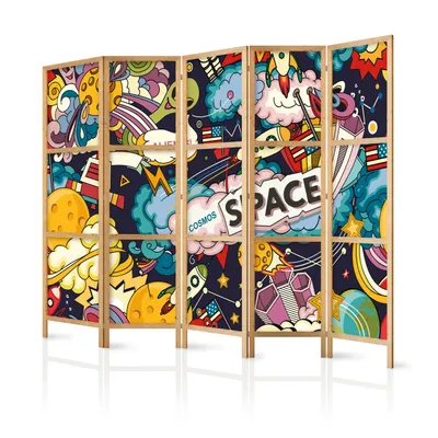 Produktbild von Paravent XXL Comic Kosmos UFO 225x171 cm - 5-teilig - einseitig - eleganter Sichtschutz - Raumteiler - Trennwand - Raumtrenner - Holz - Design Motiv - Deko - Japan e-B-0039-z-c