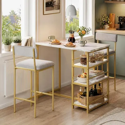 Produktbild von Bartisch mit 2 Hockern, Küchentheke mit Stauraum, Goldmarmor-Optik & Grauer Samt