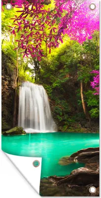 Produktbild von MuchoWow® 80x160 cm Outdoor-Poster Gartendeko Sichtschutz Garten Poster für den Garten  Ein Wasserfall im Herbstwald am Erawan-Wasserfall