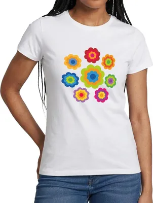 Produktbild von Spreadshirt 70er Jahre Hippie Flower Power Kostüm Blumen Fasching Frauen T-Shirt, XL, Weiß