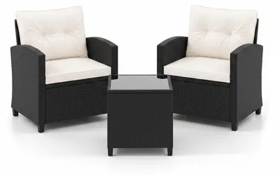 Image de Ensemble de mobilier de jardin en polyrotin COSTWAY 3 pièces, mobilier de balcon avec coussins, comprenant 2 chaises et une table, ensemble de balcon, mobilier de terrasse, ensemble de jardin, coin salon blanc