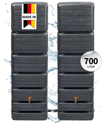 Productafbeelding van 4rain regenton wandtank SLIM WOOD DECOR SET 700 L, graphite grey, 2x Slim 350L, incl. verbindingsset, AI-gegenereerde afbeelding