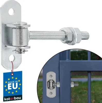 A galvanized adjustable gate hinge with a tag indicating it is made in the EU, shown against a white background. A close-up inset shows the hinge installed on a blue gate.
