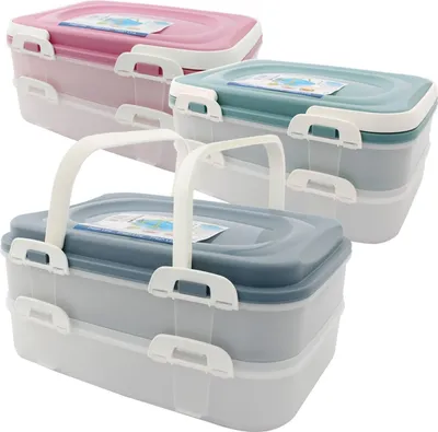 Produktbild von Partybehälter, Kuchenbehälter, Lebensmitteltransportbox XL mit 2 Ebenen und klappbaren Griffen, Farbe: Blau