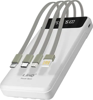 Immagine prodotto di Powerbank 15.000mAh 4-in-1 cavo + porta USB Compatto, LinQ Bianco