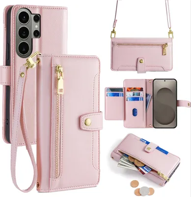 Produktbild von Handykette Samsung Galaxy S26 Ultra Hülle mit Band Handyhülle Kartenfächer Kunstleder Umhängetasche in Rosa