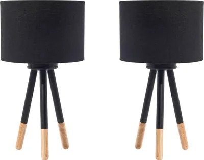 Produktbild von BELIANI Tischlampe Schwarz Holz und Metall 2er Set runder Stoffschirm Dreibeinig langes Kabel mit Schalter Skandinavischer Stil