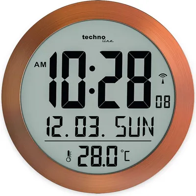 A digital clock displaying time, date, day of the week, and temperature.