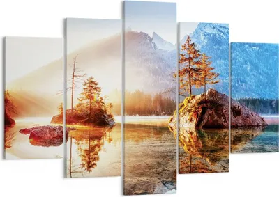 Produktbild von Bild auf Leinwand - Leinwandbild - 5 Teile - Morgendämmerung Berge See - 150x100cm - Wand Bild - Wanddeko - Wandbilder - Leinwanddruck - Bilder - Wanddekoration - Leinwand bilder - EA150x100-4617
