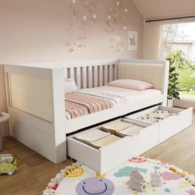 Produktbild von 90x200 cm Tagesbett Schlafsofa mit 2 Schubladen, Massivholz Bettgestell mit Samt-Rückenlehne & Armlehnen, Kojenbett für kleine Räume, Weiß