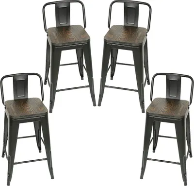 Four industrial-style bar stools with metal frames and wooden seats are arranged on a white background.