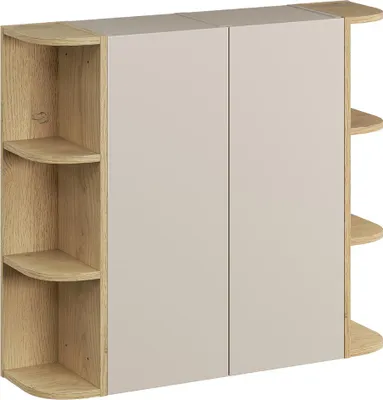 Produktbild von Badezimmer Hängeschrank mit 90 cm Breite in kaschmir und Eiche, 2 Türen & 6 Fächer - DURANGO-56