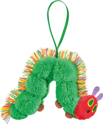 A plush toy caterpillar hanging from a green ribbon.
