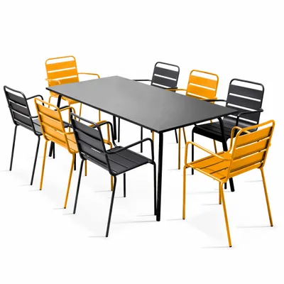 Image de Ensemble table de jardin et 8 fauteuils en métal jaune et gris - Oviala Palavas