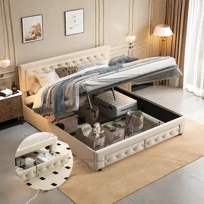Immagine prodotto di Letto matrimoniale imbottito - Letto contenitore - Letto con rete a molle - Struttura letto - Meccanismo di sollevamento idraulico