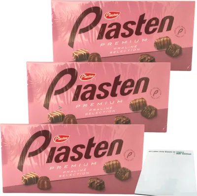 Three pink boxes of Piasten Premium Praline Selection chocolates are stacked on a white background.
