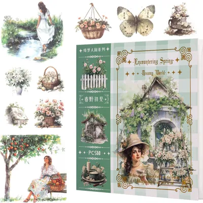 Produktbild von Bullet Journal Aufkleber Set - 50 Blatt Stickerbuch mit über 400 Motiven - Scrapbooking und Junk Journal - Blumen Natur und Schmetterlingsmotive Vintage Cottagecore