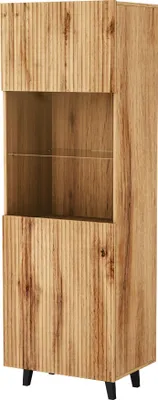 A tall, narrow wooden display cabinet with glass shelves and black legs.