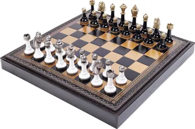 Produktbild von Italienische Schachfiguren Metall/Wood + Schachbrett Kunstleder Gold/Schwarz 35