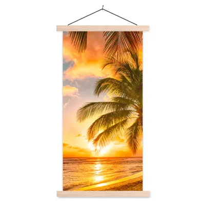 Produktbild von MuchoWow® Textilposter Sonnenuntergang - Palme - Wolken - Meer - Strand 40x80 cm mit holzfarbenen Rahmen - Wohnzimmer
