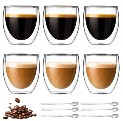 Zdjęcie produktu dla Omgoods - Zestaw 6 podwójnych szklanek do espresso z łyżeczkami