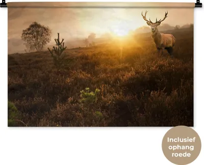 Produktbild von MuchoWow® Wandteppich Wandbehang Hirsche - Nebel - Sonnenuntergang 90x60 cm Tapisserie Dekoration Wandtuch - Wandskulpturen - Bildteppich