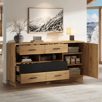 Productafbeelding van MODFU Dressoir, 140x35x70 cm, Kommode met 6 lades en 1 deur, Buffetschrank met 12 vakken, MDF, houtlook, zwart